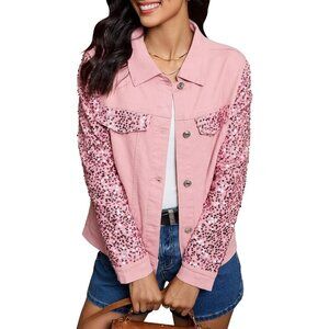 Pink Sequin Jean Jacket for Women Long Sleeve Sparkly Denim Party Coat Pocket